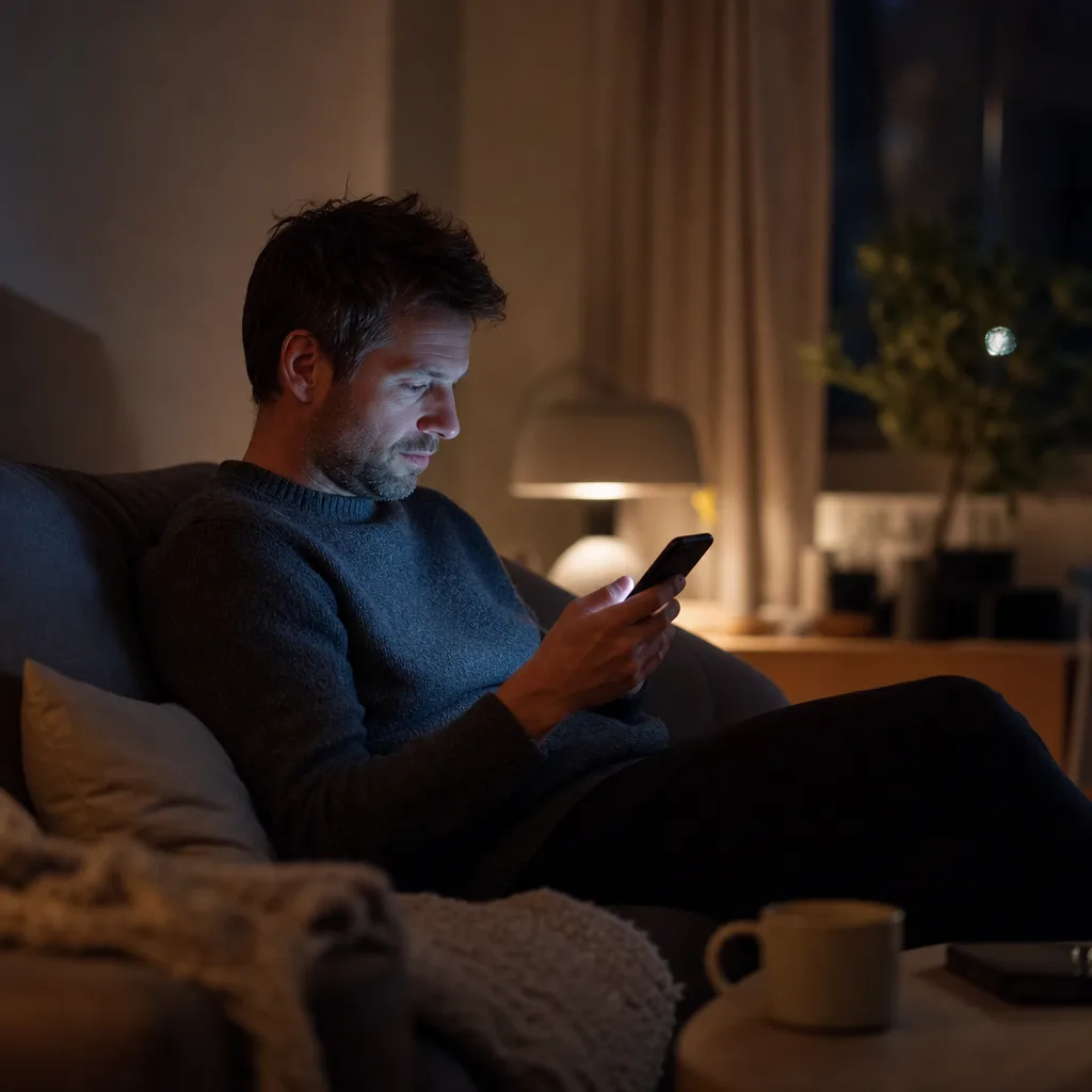 Person hemma sent på kvällen som handlar lugnt på mobilen i skenet från skärmen
