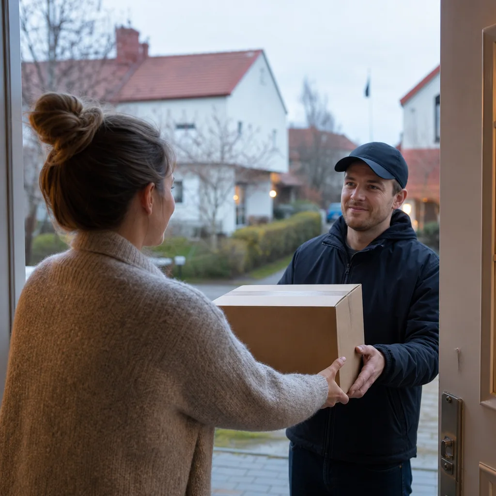 En person tar emot ett paket från ett leveransbud vid ytterdörren i ett svenskt villaområde en tidig kväll