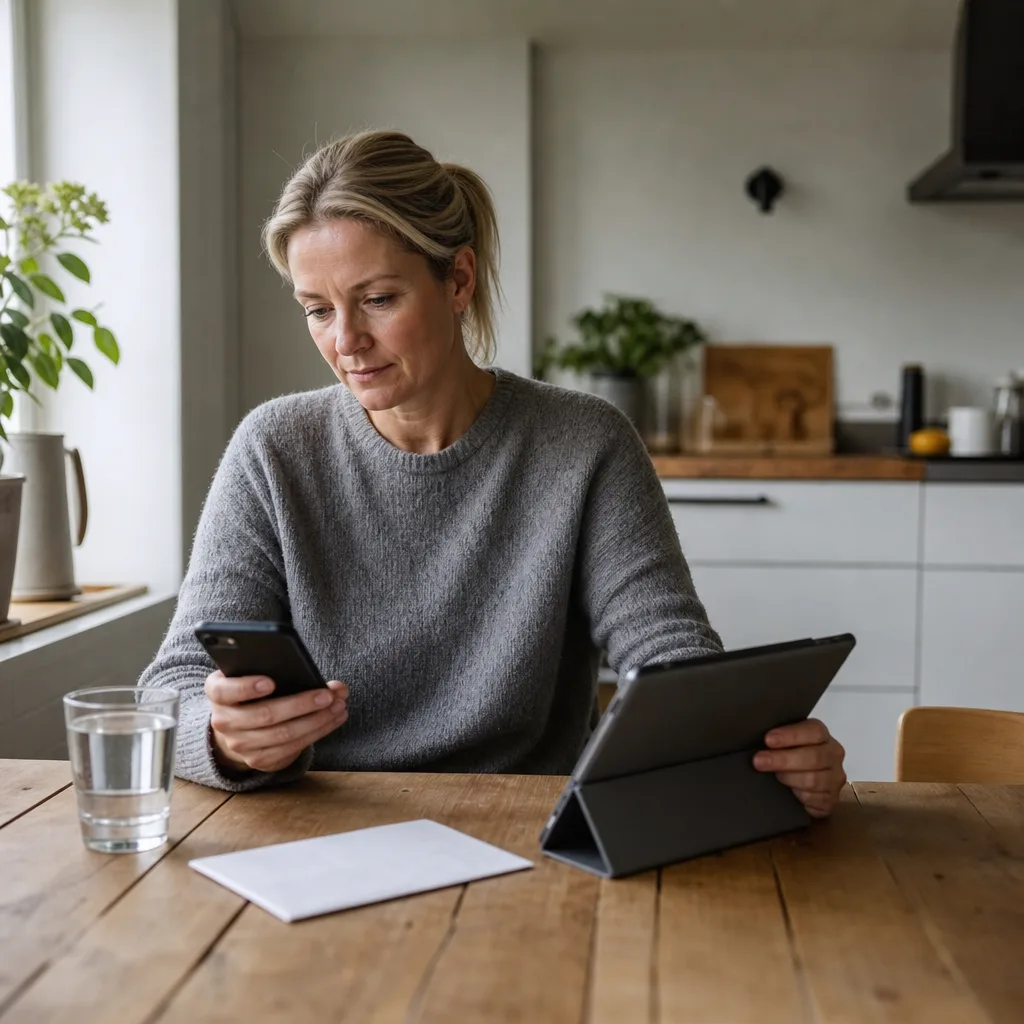 Person hemma vid köksbordet som loggar in på mobilen för att hämta ut recept på nätet