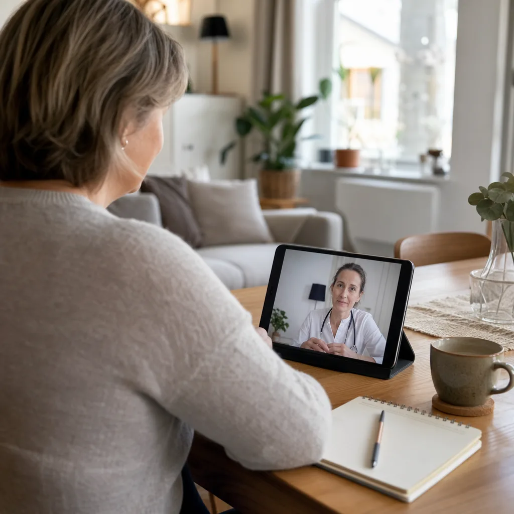En person sitter hemma i ett ljust vardagsrum och har ett videosamtal med vården på en surfplatta