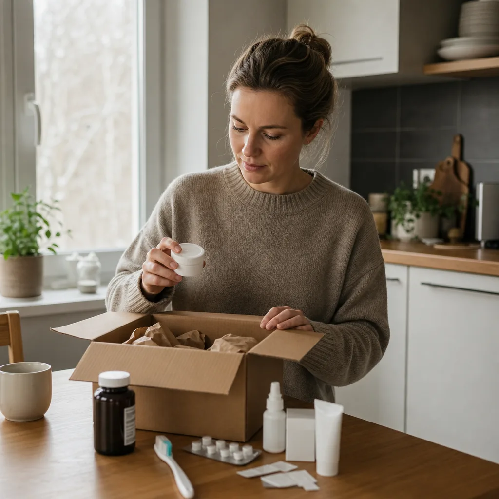 En person packar upp apoteksvaror hemma vid köksbordet: tandborste, hudkräm, plåster, vitaminer och en läkemedelsförpackning i nordiskt dagsljus