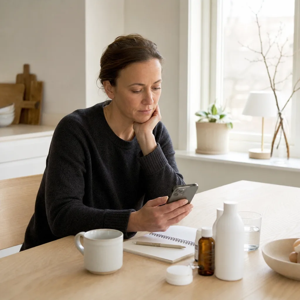 En person läser om apotek på nätet i mobilen vid ett ljust köksbord med anteckningsblock och kaffekopp