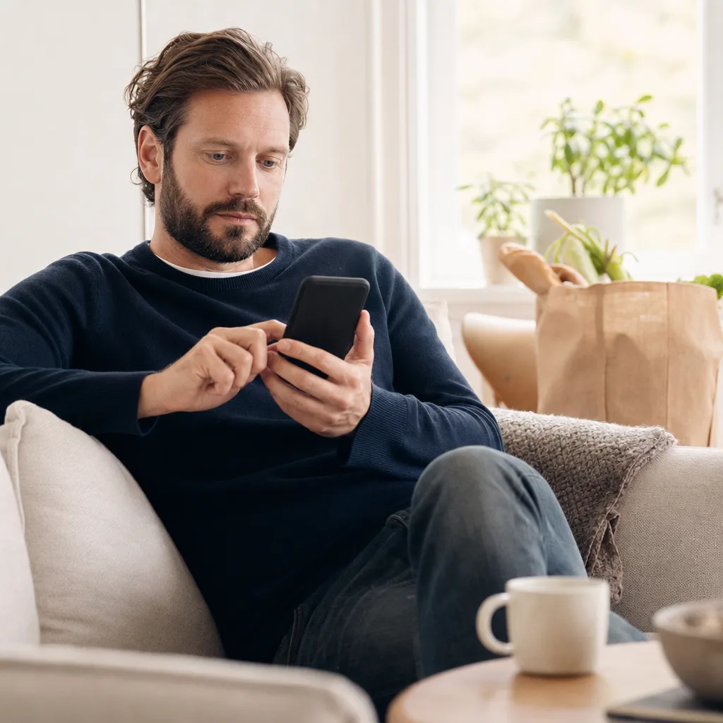 Person hemma i soffan som legitimerar sig med e-legitimation på mobilen för att hämta ut recept på nätet