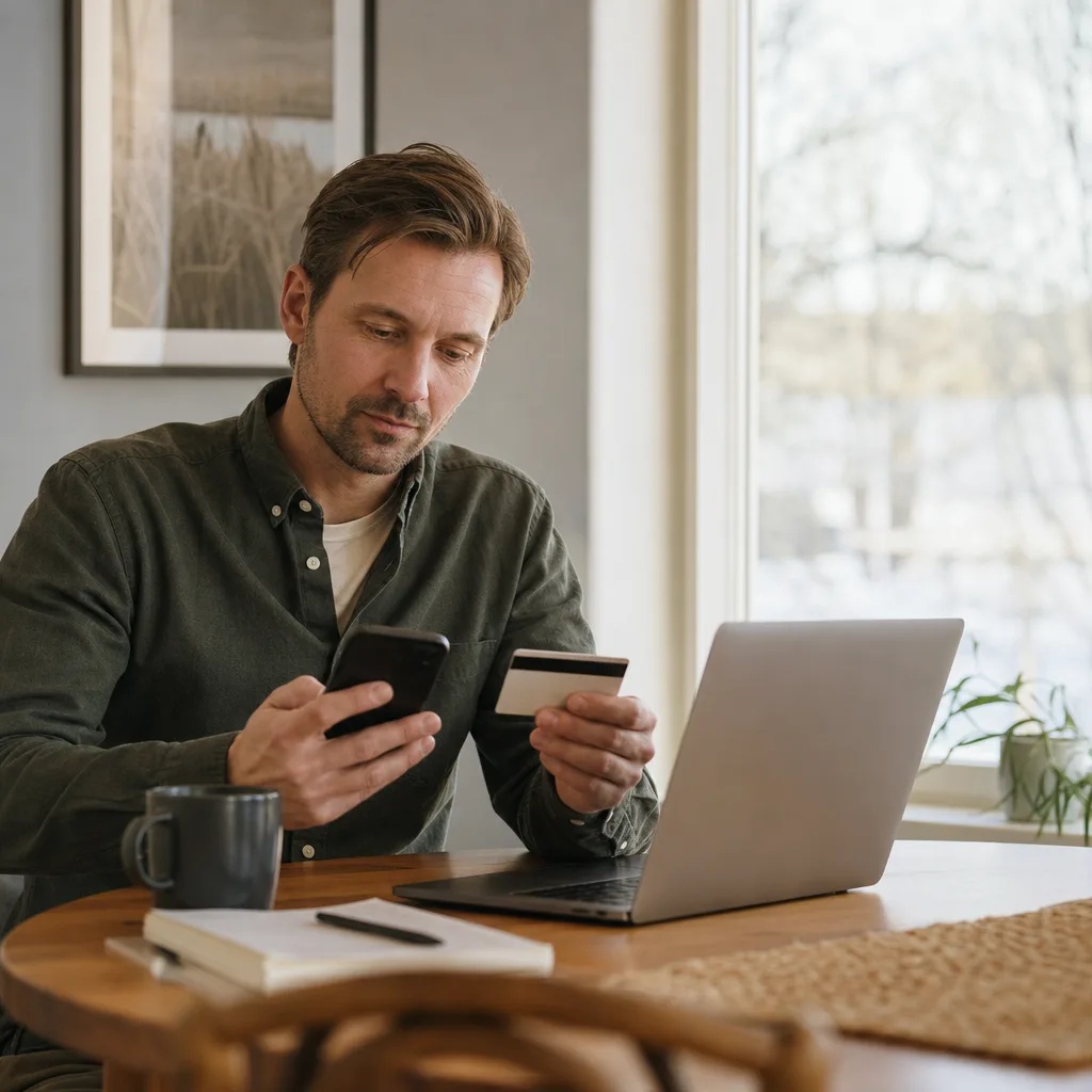 Person hemma vid köksbordet som betalar ett onlineköp med mobil och ett neutralt bankkort framför en bärbar dator