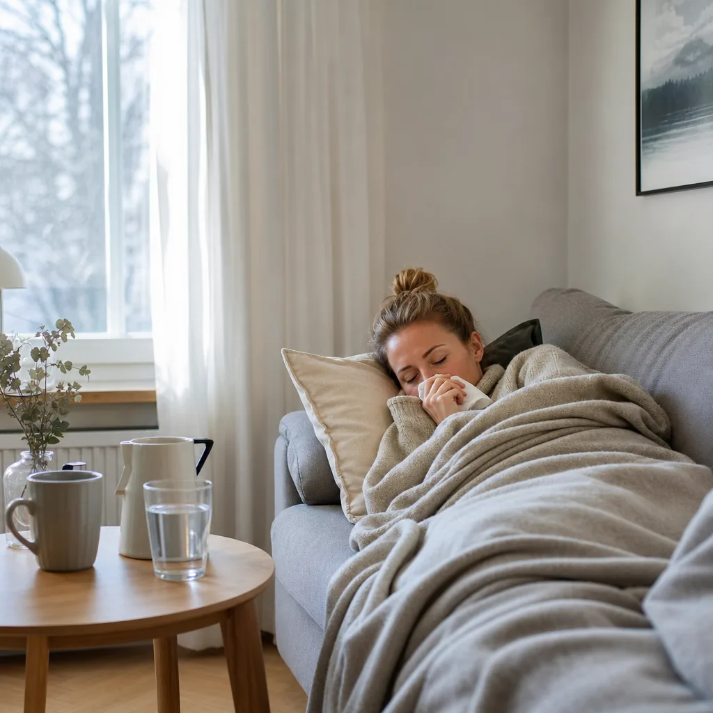 En vuxen vilar under en filt i en ljus soffa med ett glas vatten, en tekopp och en kanna på soffbordet bredvid
