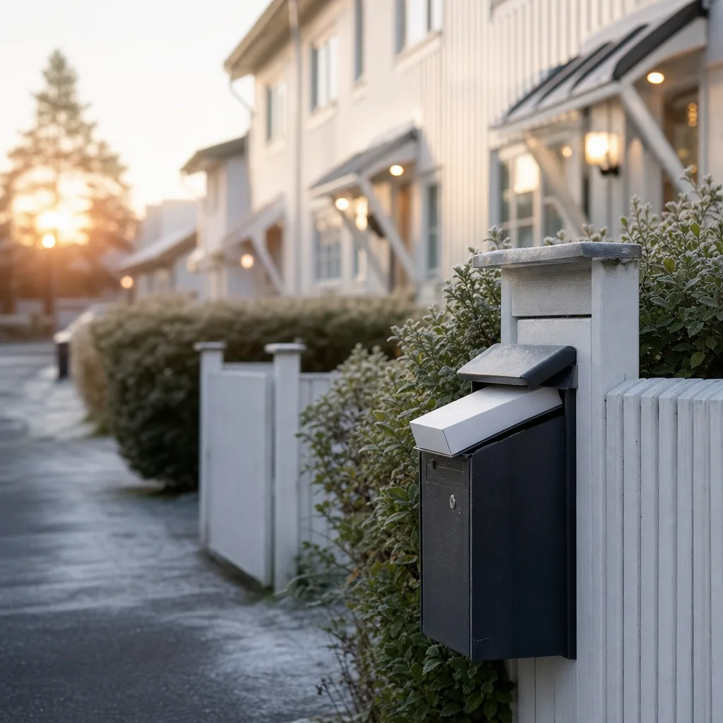 Ett litet apotekspaket levereras till en brevlåda utanför ett ljust nordiskt radhus en tidig morgon
