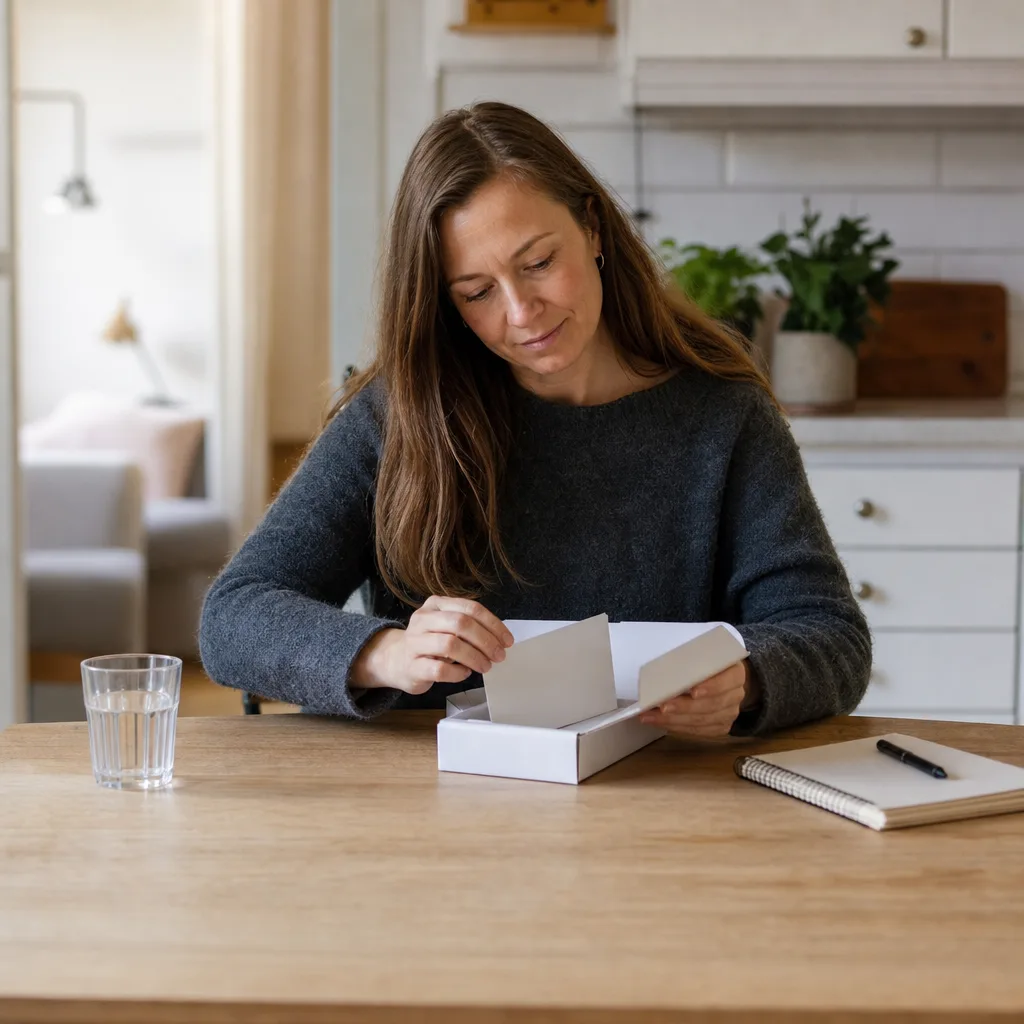 Person vid ett köksbord i ett ljust nordiskt hem öppnar ett neutralt litet hemtestpaket