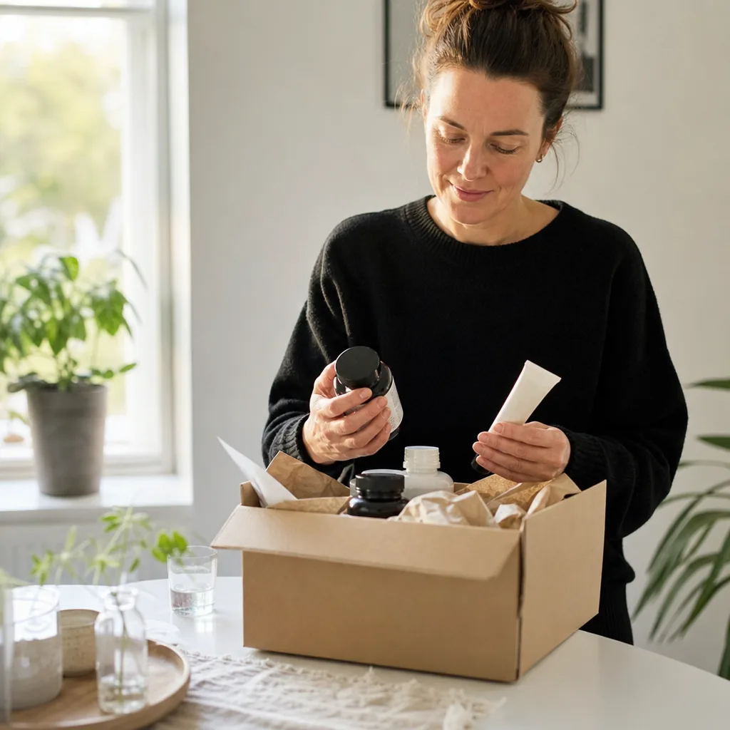 En person vid ett ljust köksbord packar upp ett hemlevererat paket med burkar av kosttillskott, vitaminer och en hudvårdstub