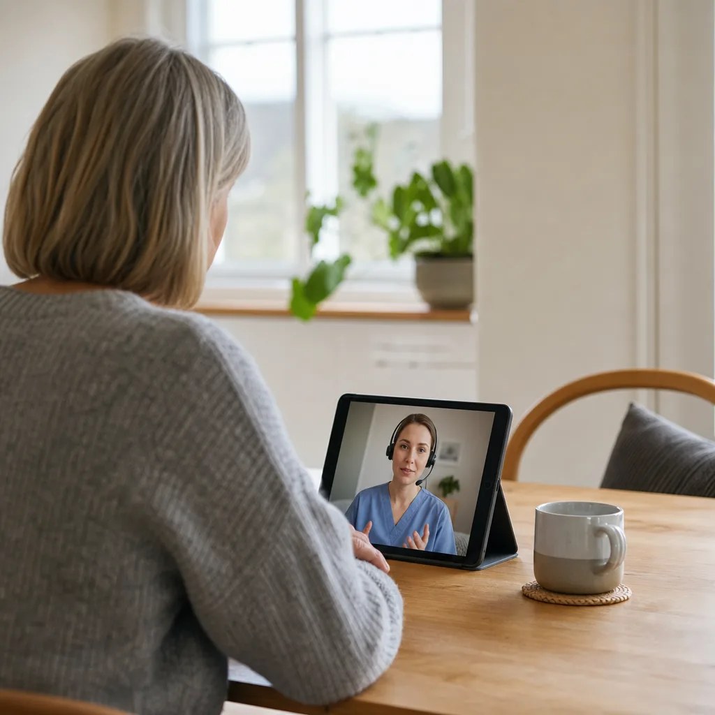 En person sitter hemma i en ljus skandinavisk miljö och har ett videosamtal med vården på en surfplatta