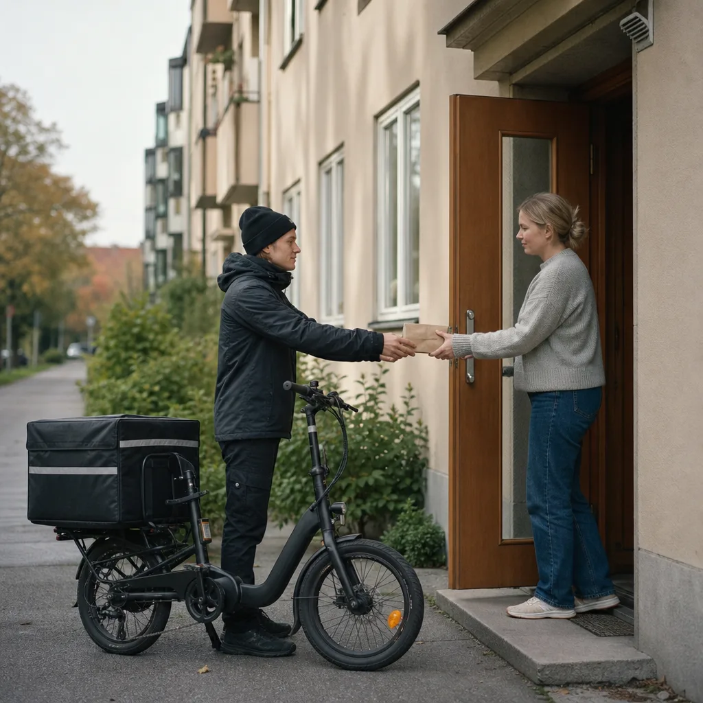 Cykelbud lämnar ett litet apotekspaket till en person utanför ett flerbostadshus i en svensk stad