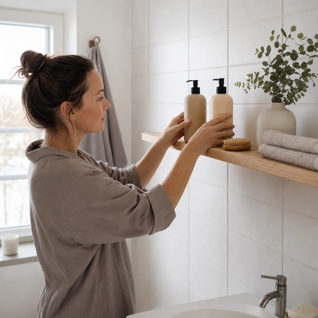 Ljust nordiskt badrum där en person ställer fram flaskor med schampo och balsam och en hårborste på en trähylla