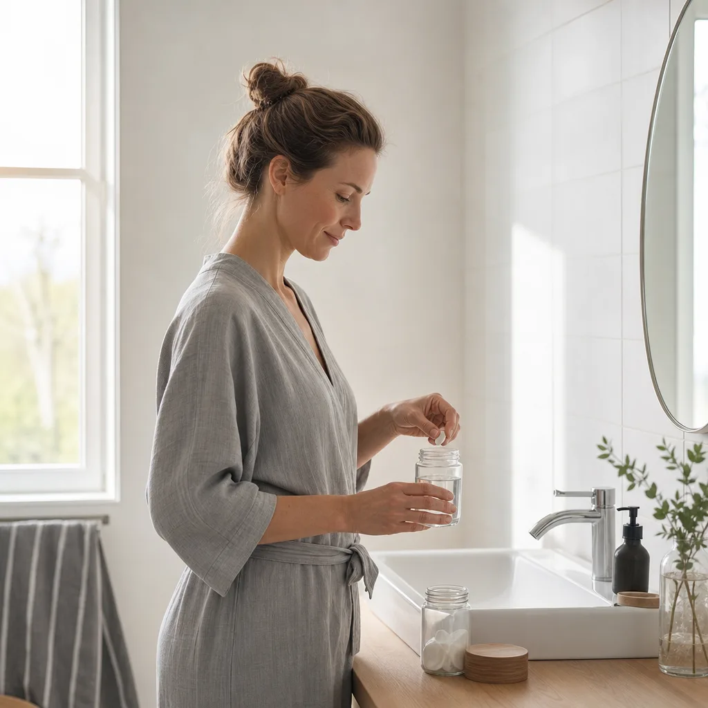 Person i ett ljust nordiskt badrum som tar en kapsel ur en omärkt burk med ett glas vatten under morgonrutinen