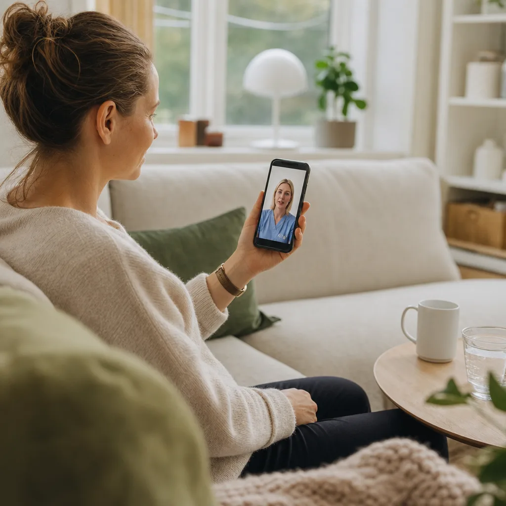 En person sitter hemma i soffan och har ett videosamtal med vårdpersonal på sin mobiltelefon