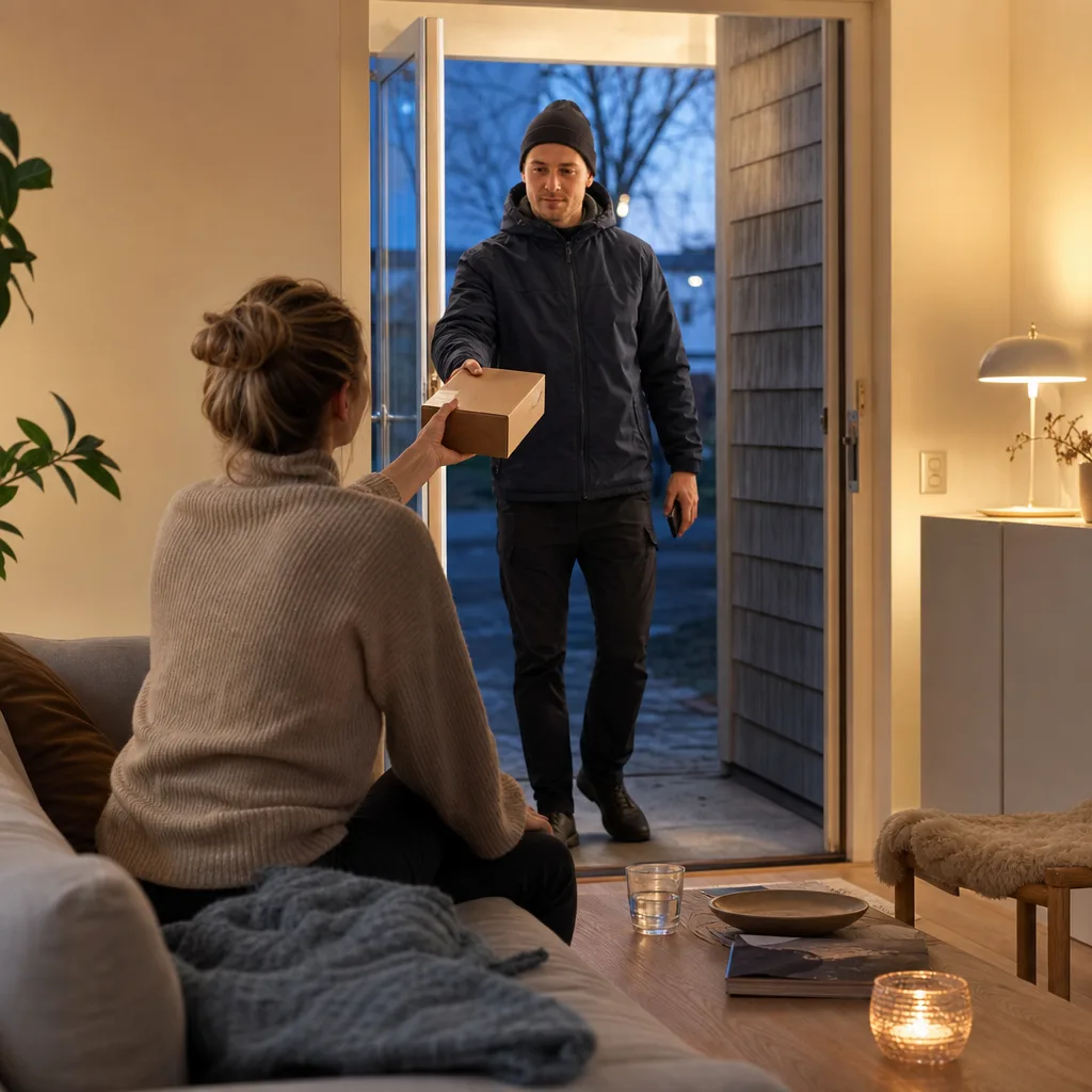 Person tar emot ett litet apotekspaket vid ytterdörren i ett ljust nordiskt hem på kvällen