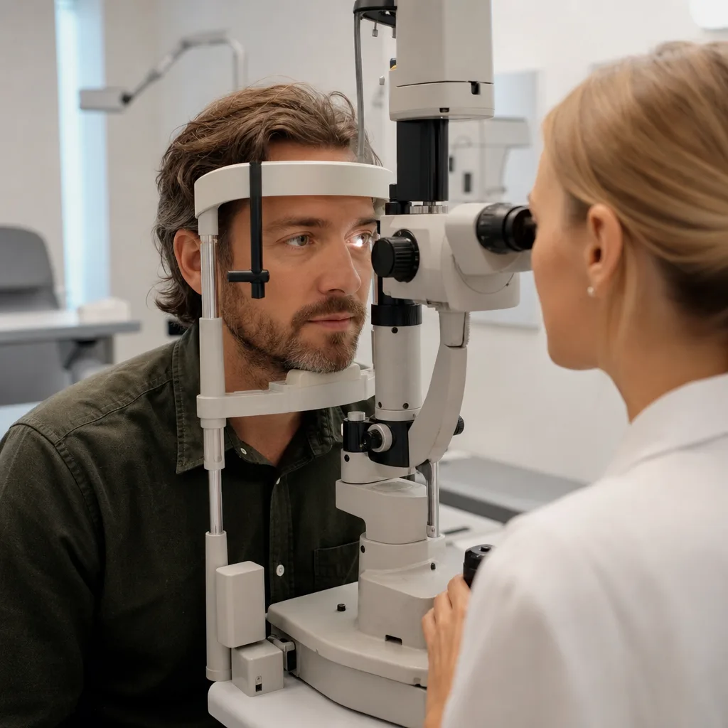 En person genomgår en synundersökning hos en optiker i en ljus nordisk ögonmottagning