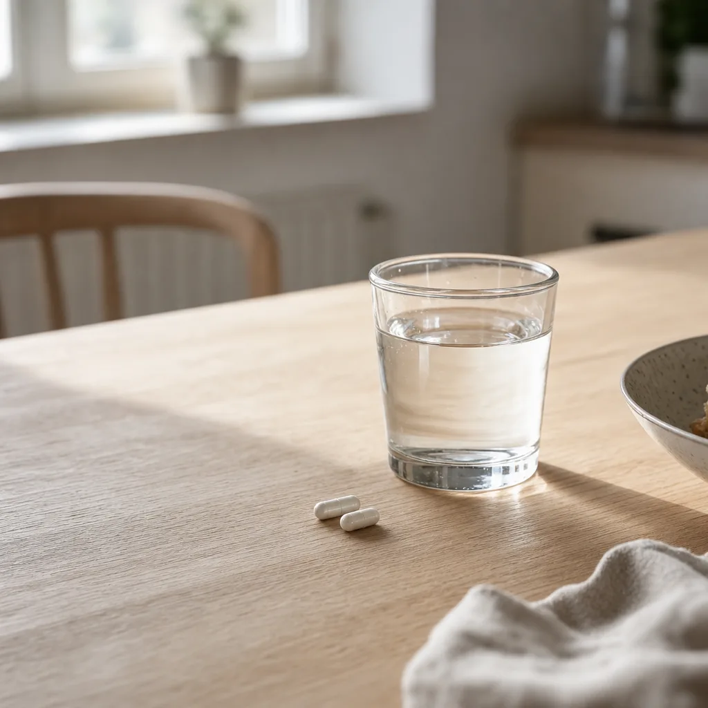 Veganska kosttillskottskapslar bredvid ett glas vatten på ett ljust nordiskt köksbord på morgonen