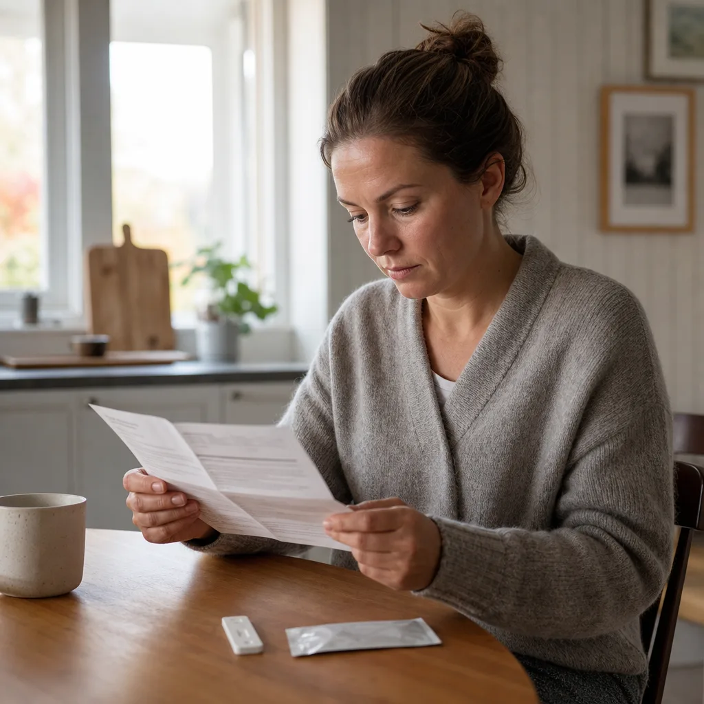 En person läser ett vikt instruktionsblad vid ett köksbord i ett nordiskt hem, bredvid en neutral testkassett och en förseglad påse