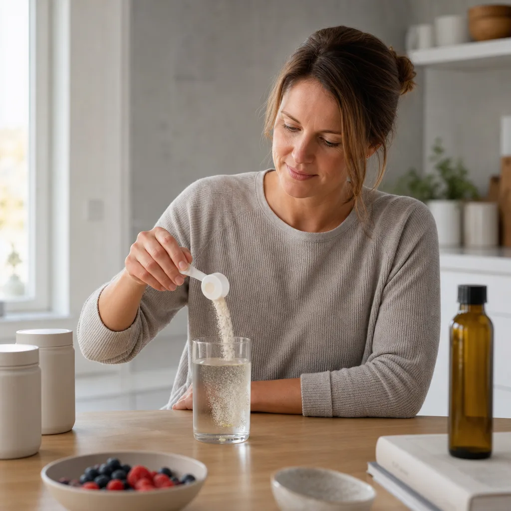 En person i ett ljust nordiskt kök rör ut ett pulvermått i ett glas vatten vid frukostbordet, med neutrala kapselburkar och en oljeflaska i bakgrunden