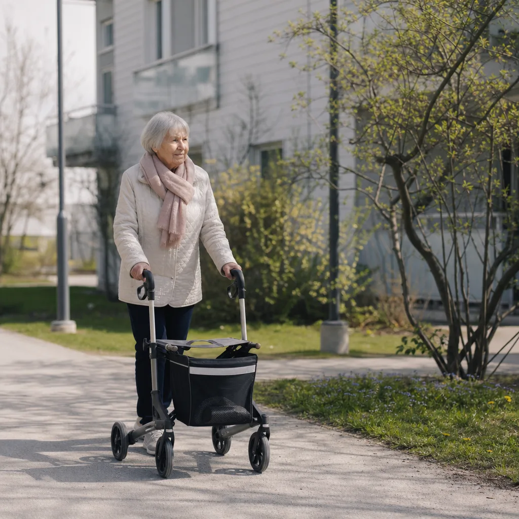 Äldre kvinna går med en rullator på en ljus gångväg i ett lugnt svenskt bostadsområde en vårdag