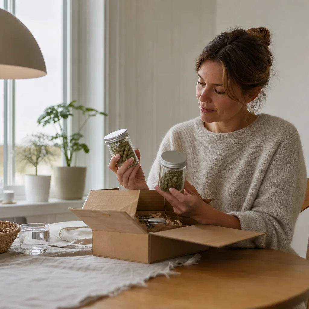 Person vid ett ljust nordiskt köksbord som tar fram glasburkar med kapslar och torkade örter ur ett paket