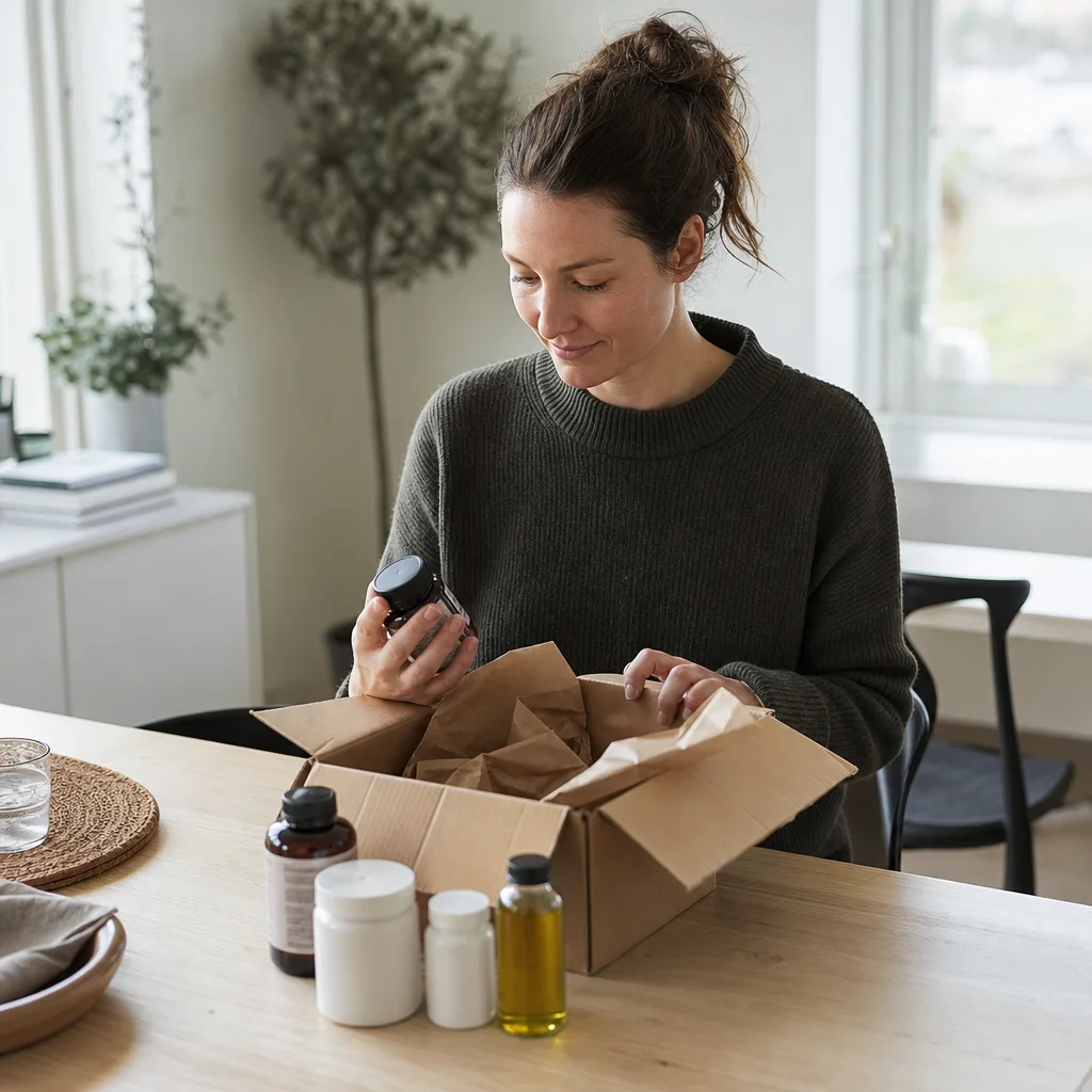 Köksbord i ett nordiskt hem där en person packar upp ett paket med burkar av kosttillskott och en flaska naturlig olja