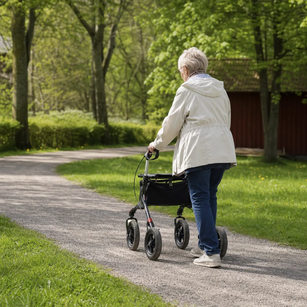 Äldre person som använder en fyrhjulig rollator med stora luftfyllda hjul på en grusstig i en svensk park en ljus försommardag
