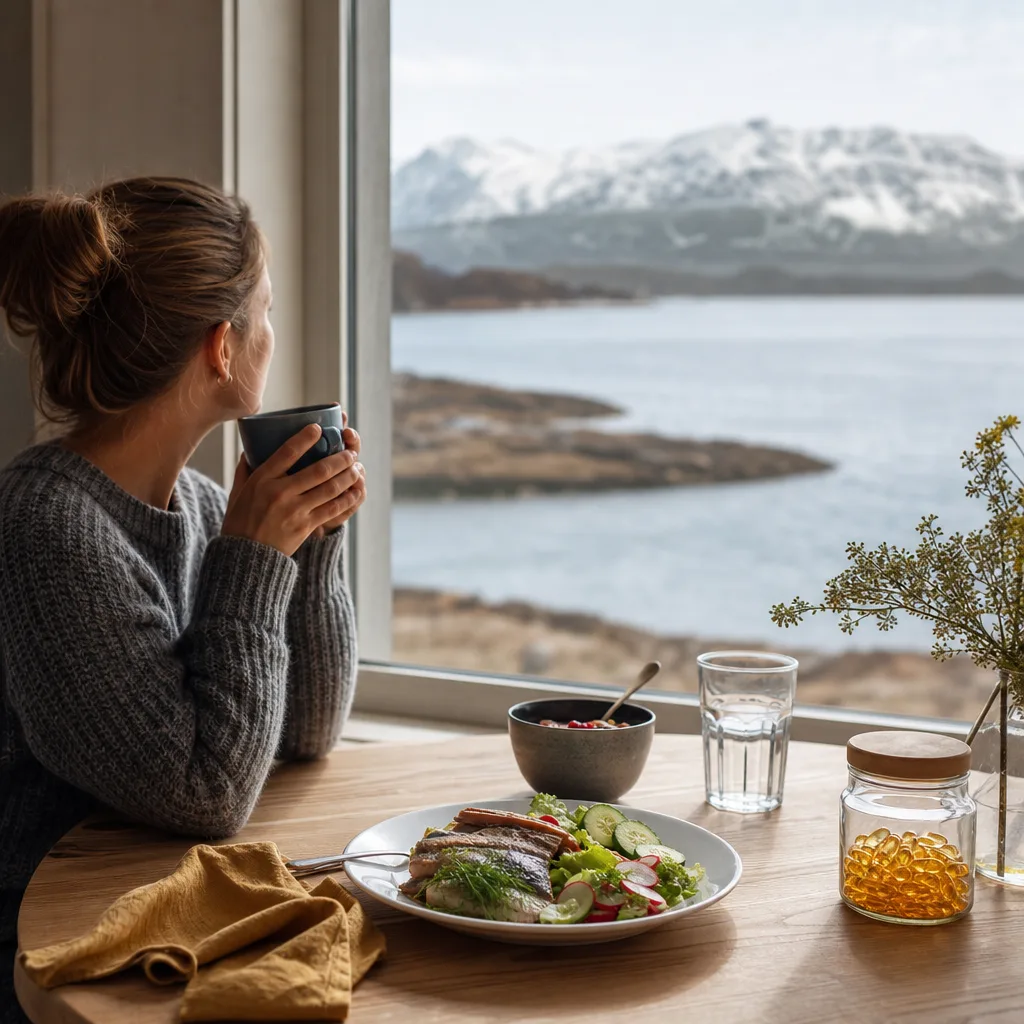 Nordiskt frukostbord vid ett fönster mot kallt hav och fjäll, med fet fisk och grönsaker bredvid en burk kapslar