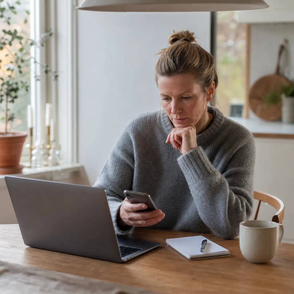 Person hemma vid köksbordet som jämför flera nätapotek och vårdtjänster på laptop och mobil med ett anteckningsblock bredvid