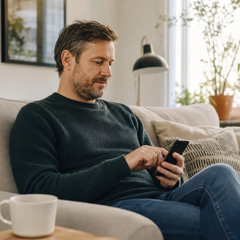 Person sitter hemma i soffan med mobilen och loggar in för att skicka en förfrågan om att förnya ett recept