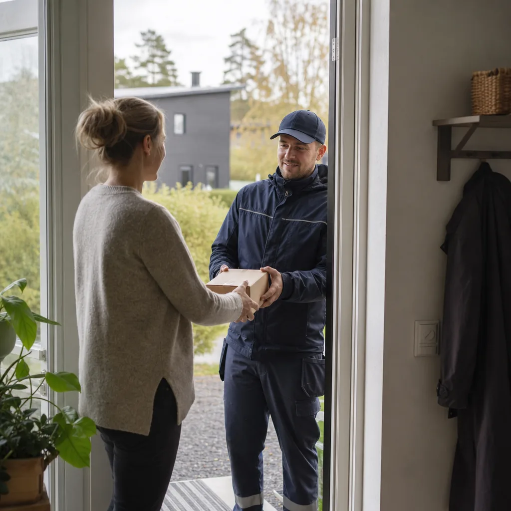 Person i hallen hemma som tar emot ett mindre apotekspaket vid dörren, neutral nordisk vardagsmiljö