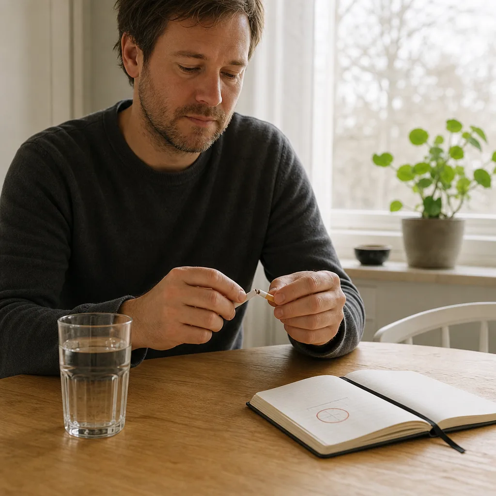 En person sitter vid ett köksbord i morgonljus och knäcker en cigarett itu med ett glas vatten och en anteckningsbok bredvid