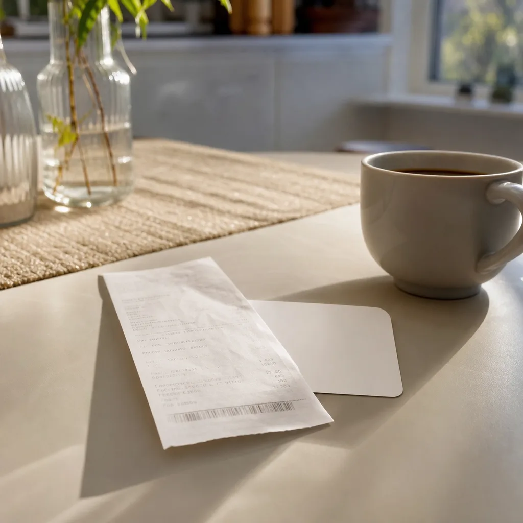 Ett apotekskvitto och ett vitt frikort på ett ljust köksbord bredvid en kaffekopp