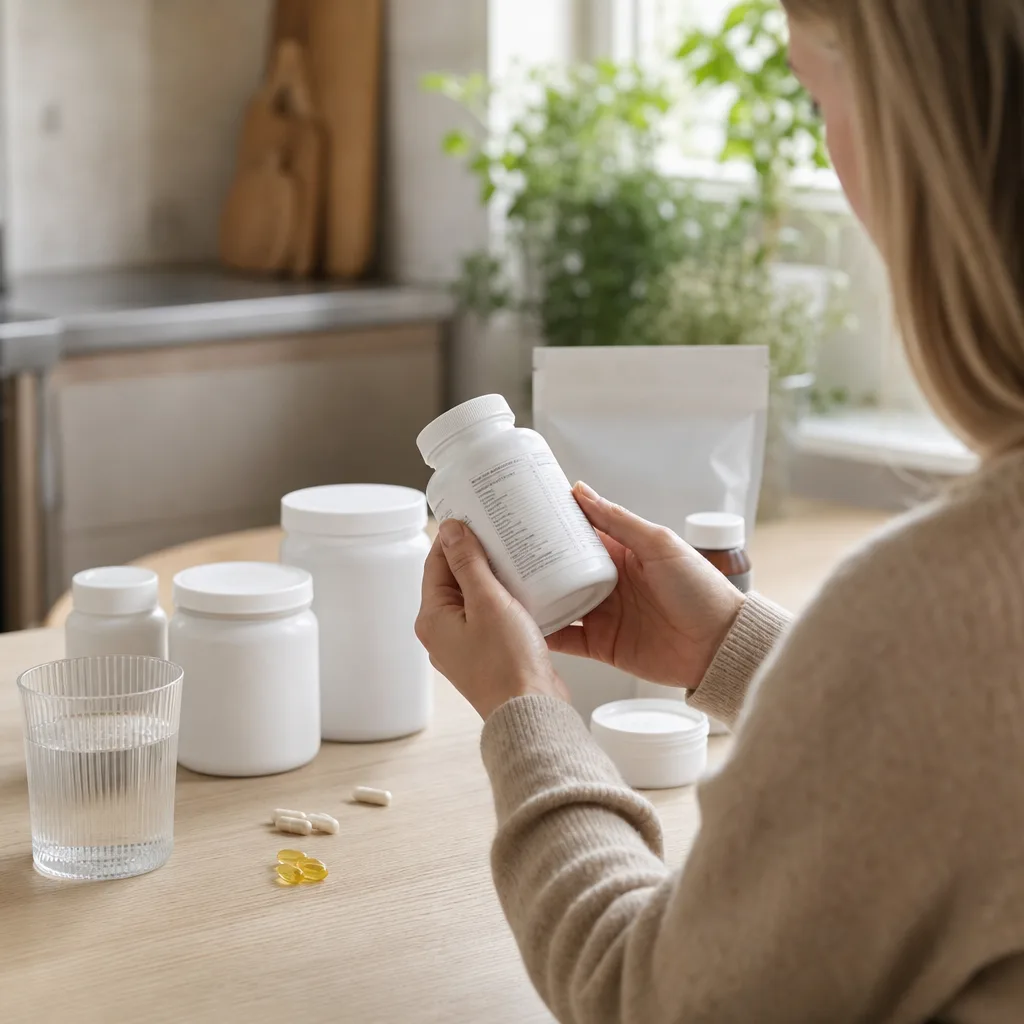 Neutrala burkar med kosttillskott och vitaminer på ett ljust köksbord, en hand läser innehållsförteckningen