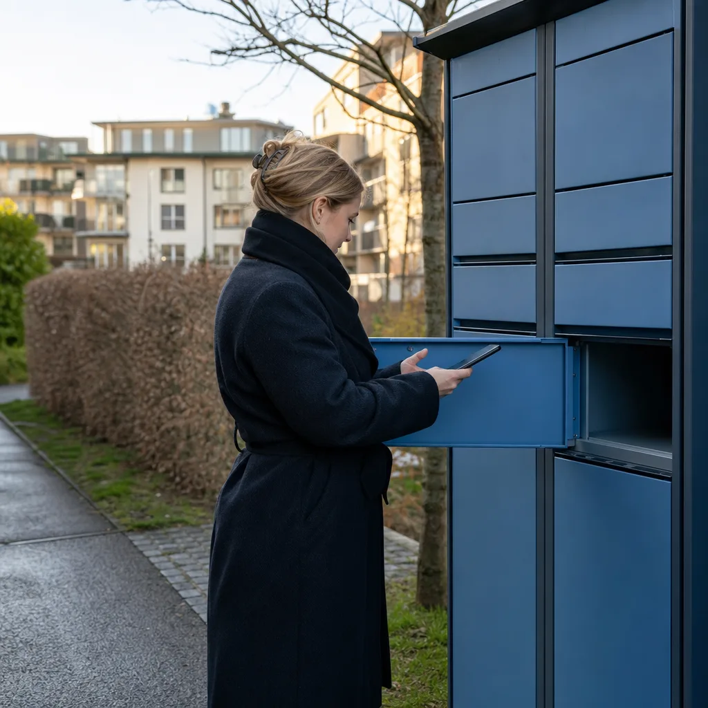 En person öppnar luckan på ett paketskåp utomhus med sin mobiltelefon på en bostadsgata i dagsljus