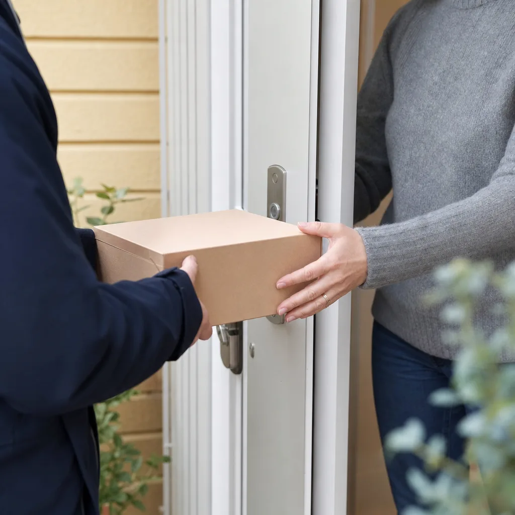 En hand tar emot ett paket med läkemedel vid ytterdörren till en bostad i Sverige
