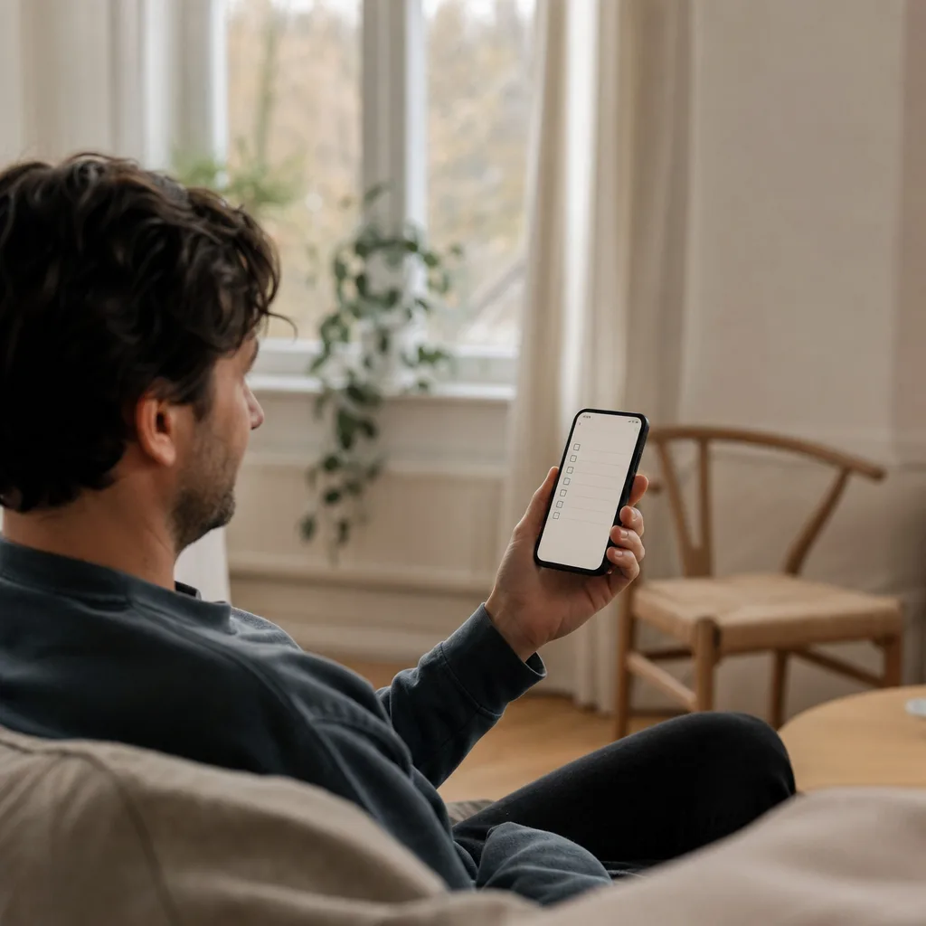 Person i soffan hemma som håller upp en mobil och går igenom en lista på skärmen