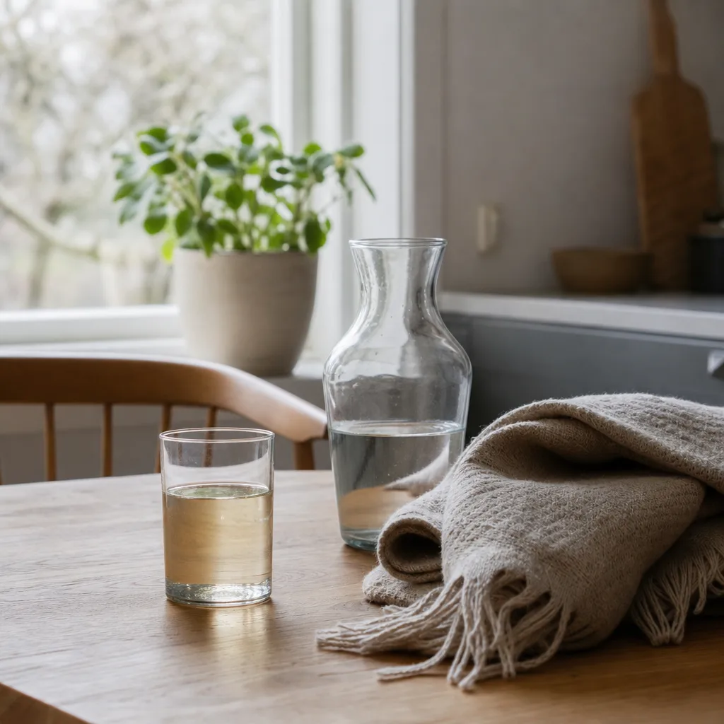 Ett glas med ljus dryck och en kanna vatten på ett köksbord intill en hopvikt filt i ett ljust nordiskt kök