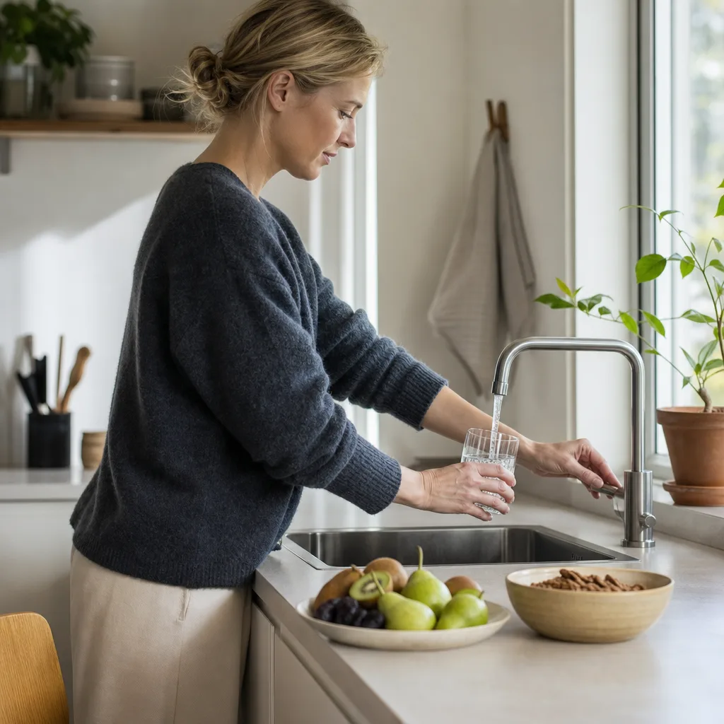 Person fyller ett glas med vatten vid diskbänken bredvid en skål med päron, kiwi och katrinplommon och en skål fullkornsflingor i ett ljust nordiskt kök