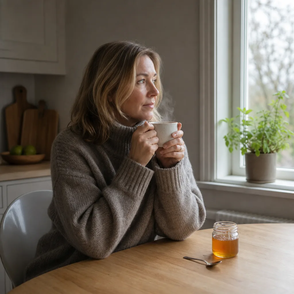En person sitter hemma vid köksbordet insvept i en stickad tröja och håller en ångande kopp varmt te med båda händerna nära halsen