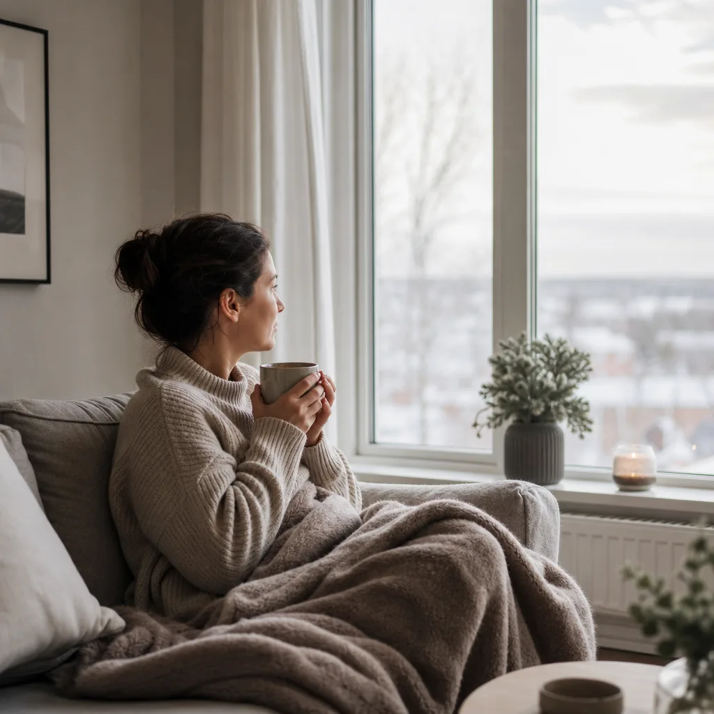 En vuxen sitter insvept i en filt i en soffa med en kopp varm dryck vid ett fönster med vinterljus