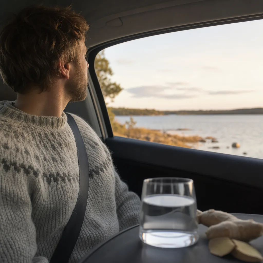 En vuxen sitter på baksätet i en bil och tittar ut mot horisonten under en resa, med ett glas vatten och några ingefärsbitar i förgrunden