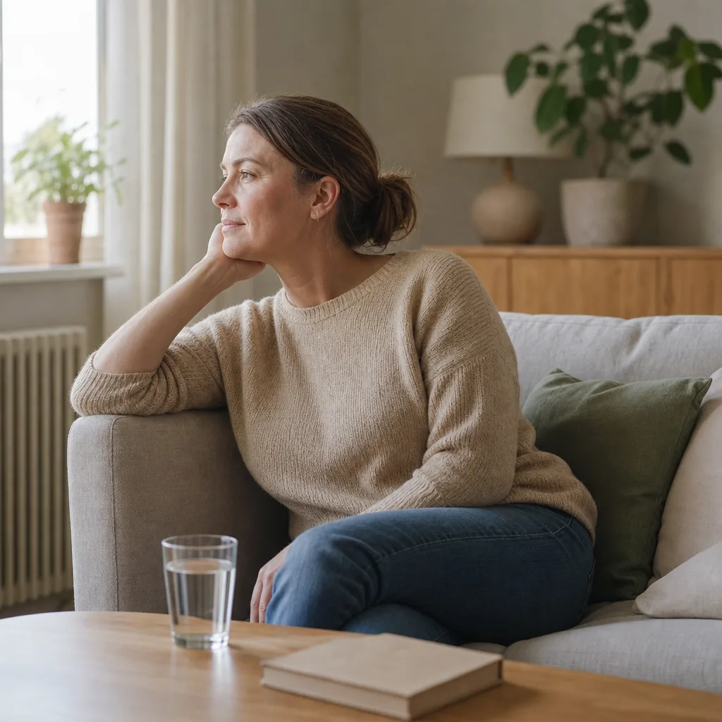 En vuxen person tar en lugn paus hemma i vardagsrummet med ett glas vatten på bordet