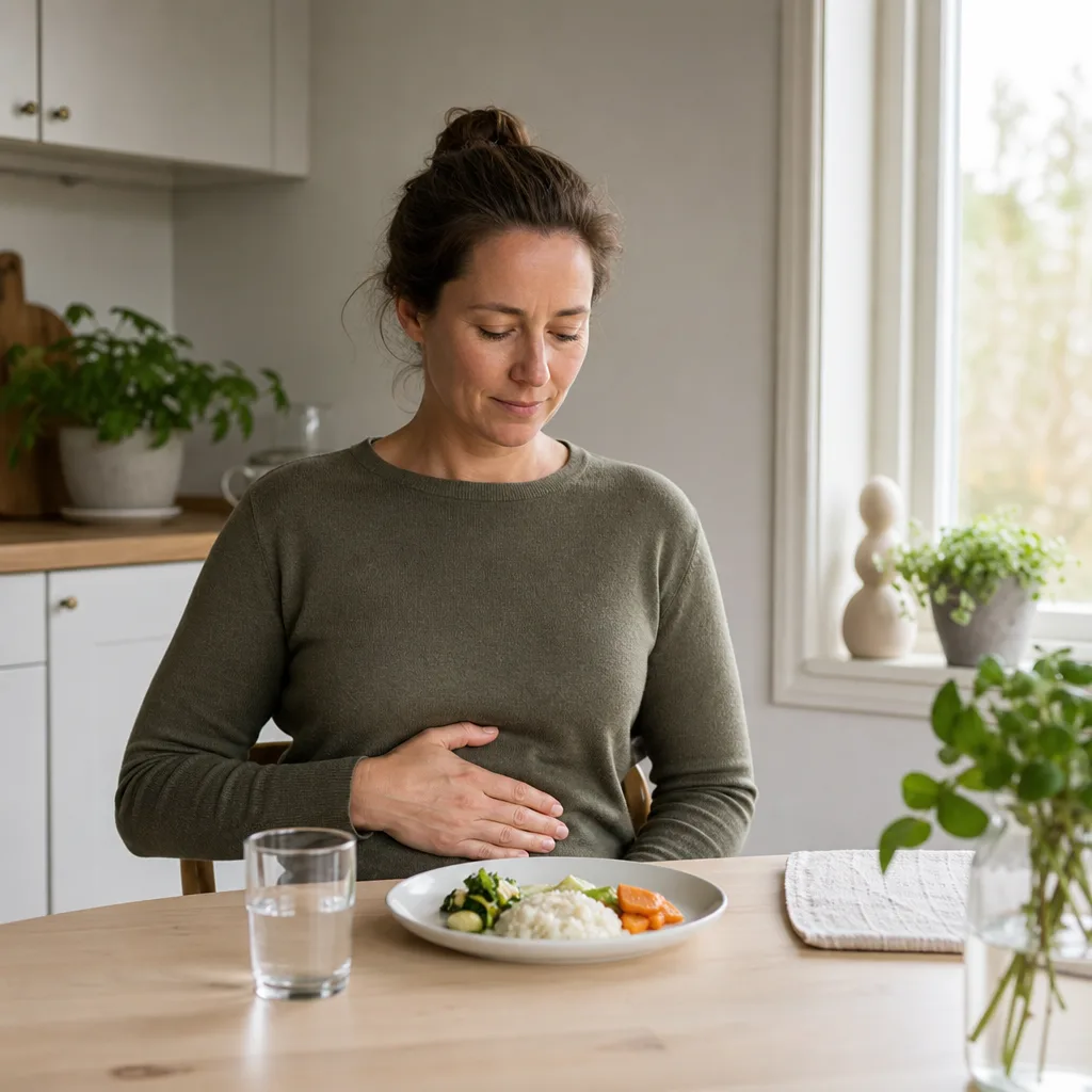 En vuxen person sitter vid ett ljust köksbord med ett glas vatten och en tallrik med små portioner mat och håller lugnt handen mot maggropen