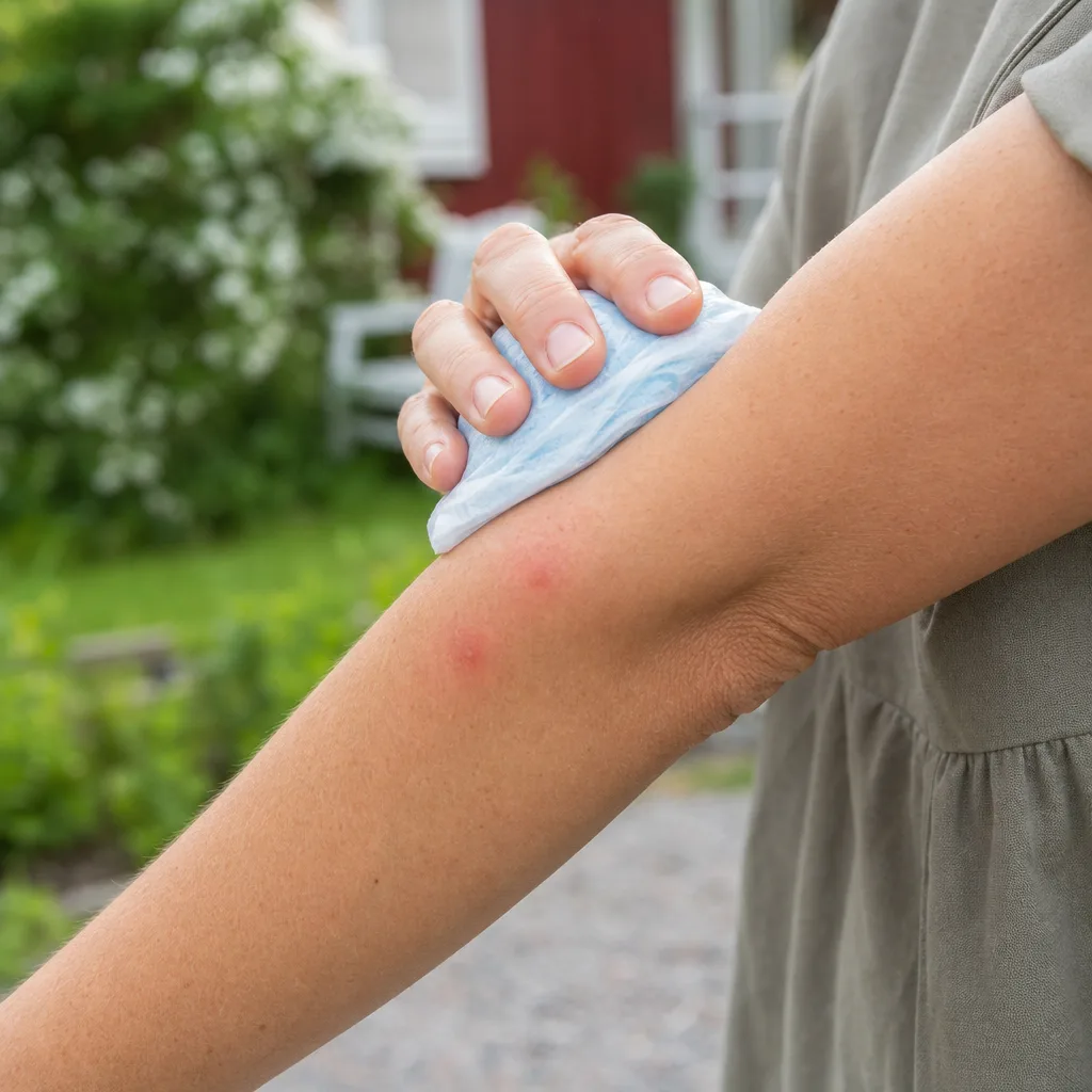 En vuxen persons underarm med ett par lätt rodnade myggbett, där en hand håller en kall kompress mot huden utomhus en sommardag