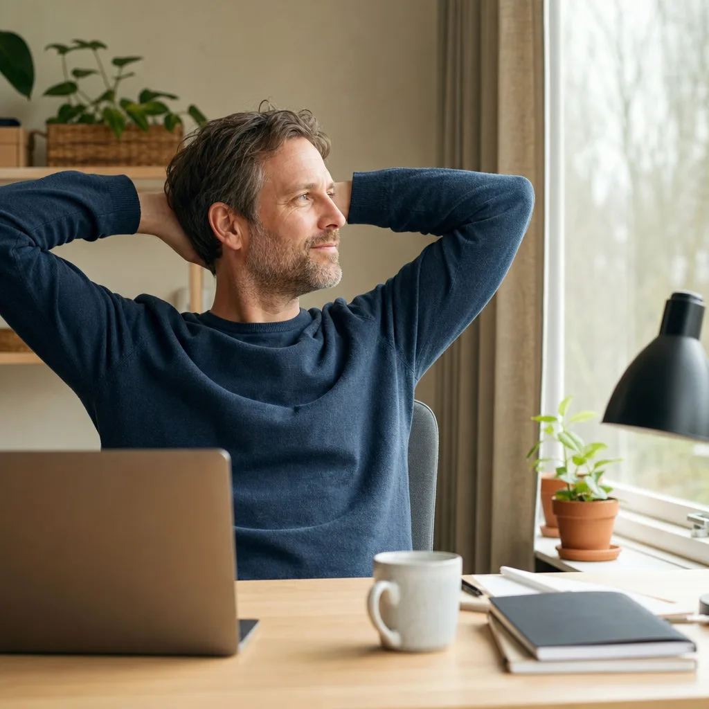 En person i fyrtioårsåldern tar en kort paus från datorskärmen och blickar bort mot ett fönster med mjukt dagsljus i ett ljust hemmakontor
