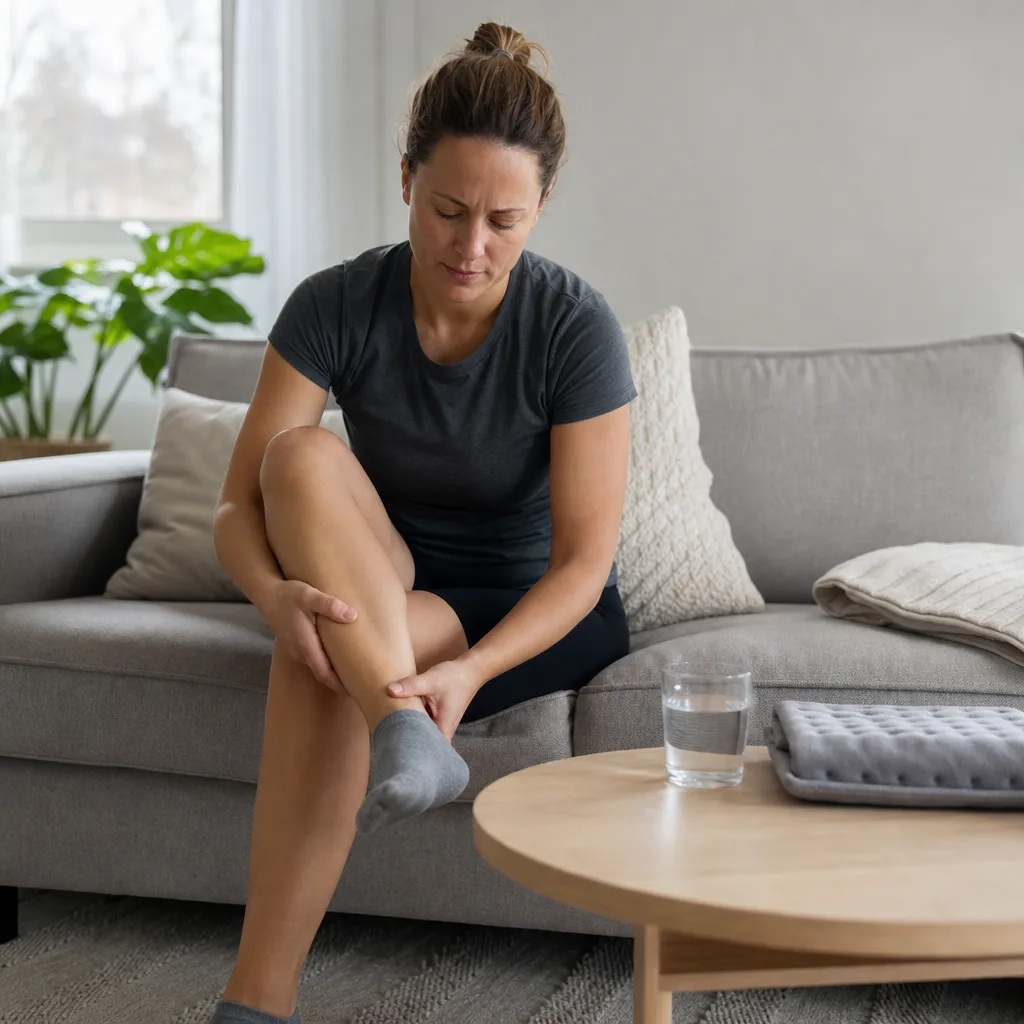 En person sitter i en soffa hemma och masserar sin ömma vad efter träning, med en värmedyna och ett glas vatten på soffbordet