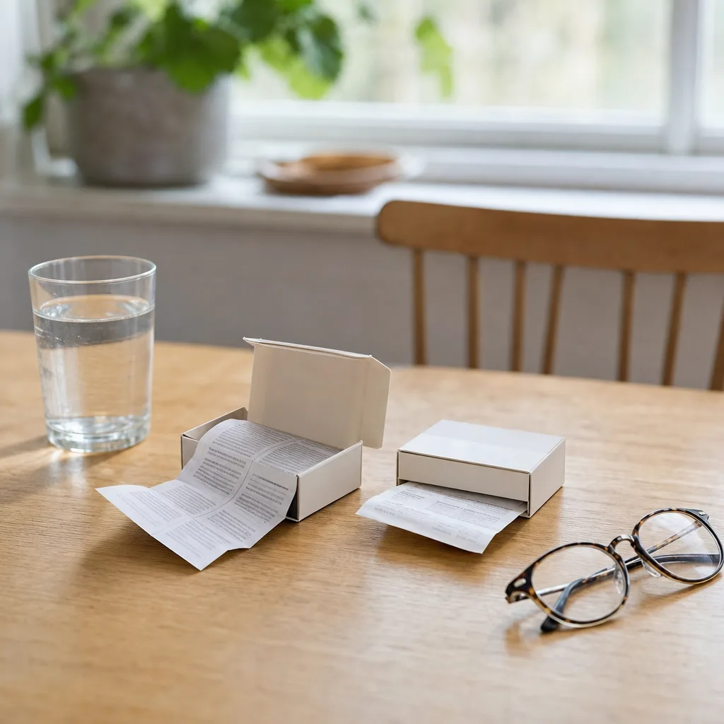 Ett köksbord i dagsljus med två läkemedelsförpackningar utan text: en öppen med utvikt bipacksedel och en med ett apotekskvitto, bredvid ett glas vatten och läsglasögon