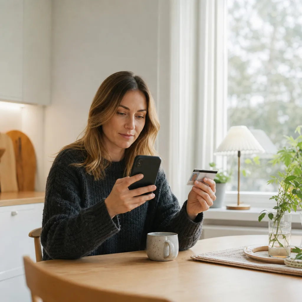 Person hemma vid köksbordet som legitimerar sig på mobilen för att hämta ut ett e-recept