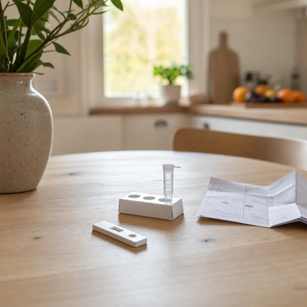 Ett självtest-kit hemma på ett ljust köksbord: en vit testkassett, en provrörshållare och en hopvikt instruktion