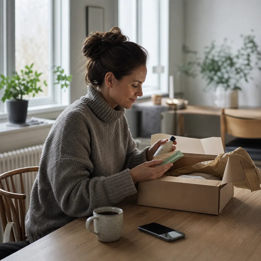 Person vid köksbordet i ett ljust hem som tar emot ett litet paket med egenvårdsvaror